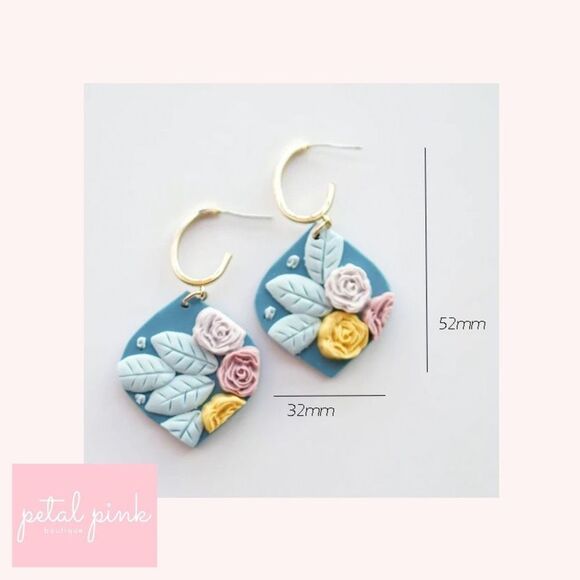 4-Piece Polymer Clay Earring Set Studs Dangle Flower Teal Yellow Summer Fall - Picture 4 of 4